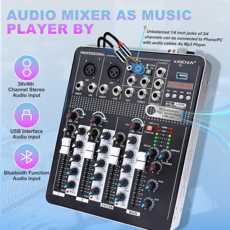 Kaschun T4 4-Channel Digital Audio Mixer with 48V Phantom Power, USB/MP3 Input, Reverb Effects for PC Recording, Parties & Weddings​ - Image 3